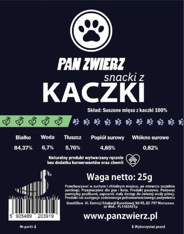 Naturalne smaczki z kaczki dla psa i kota 25 g - etykieta ze składem