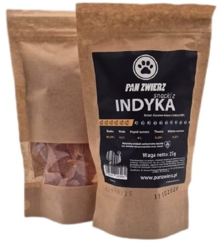 Naturalne smaczki z indyka dla psa i kota 25g - opakowanie