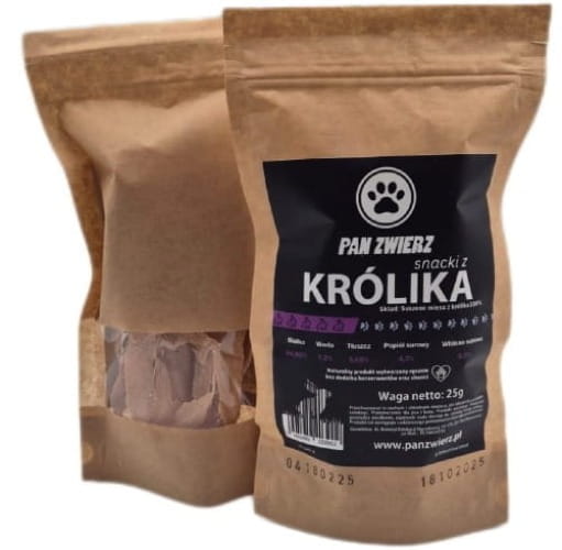 Naturalne smaczki z królika dla psa i kota 25g - opakowanie