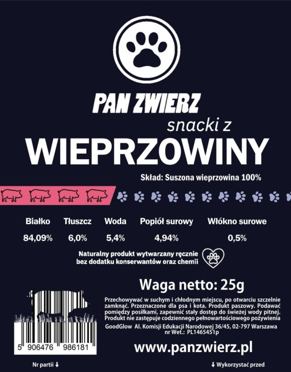 Naturalne smaczki z wieprzowiny 25g dla psa i kota - produkt z bliska