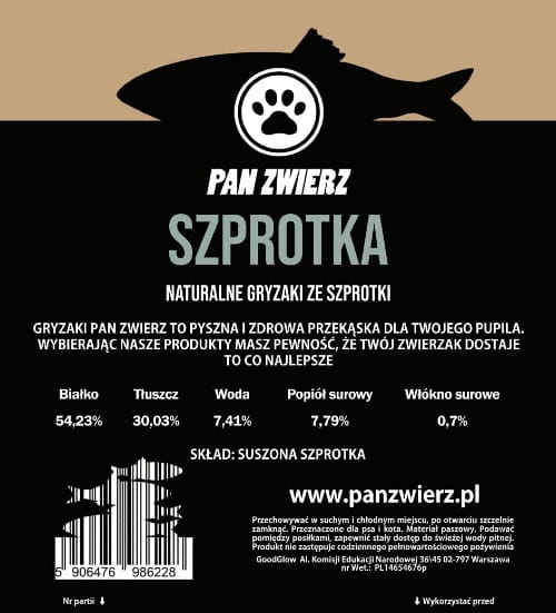 Szprotka 180g naturalny gryzak dla psa - etykieta ze składem