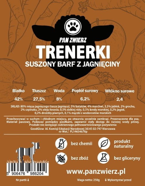 Suszony Barf z jagnięciny 250 g dla psów - etykieta ze składem