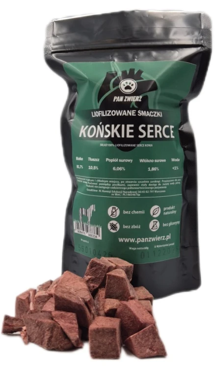 Liofilizowane smaczki z końskich serc 70 g dla psa i kota - opakowanie